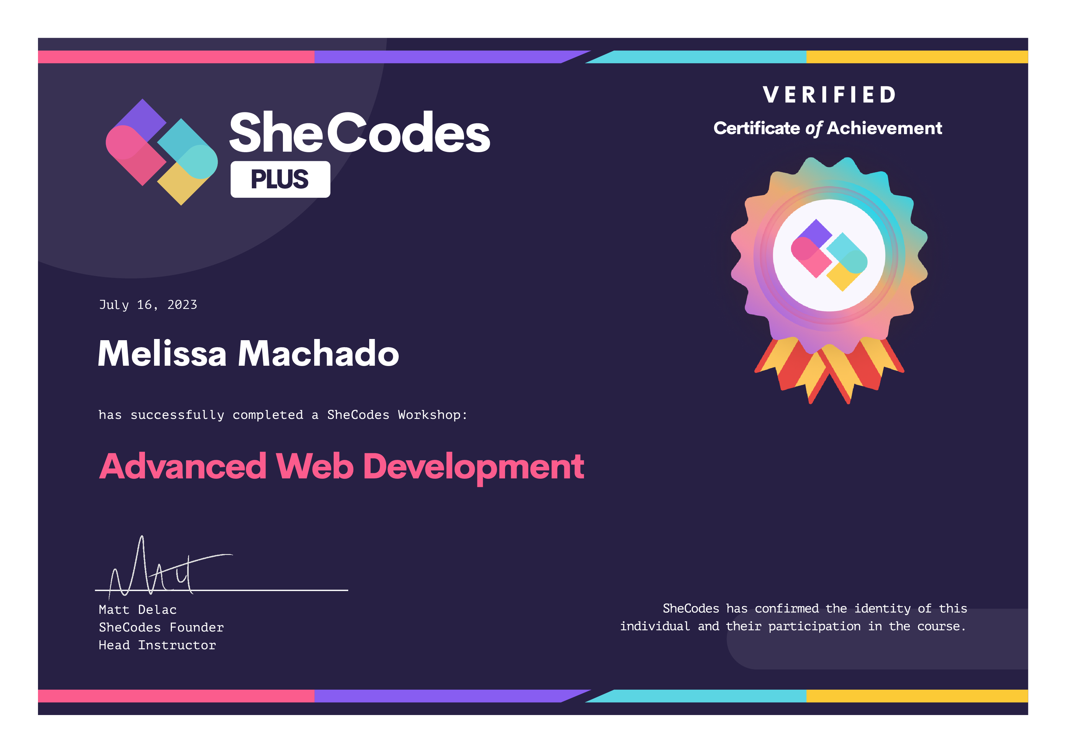 SheCodes Plus Add-On Certificate